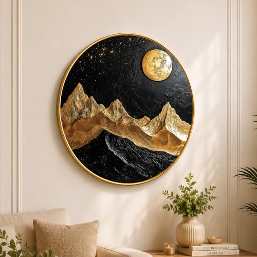Image of PAINTINGMANTRA Golden Mountain Moon Vastu Framed Wall Art Painting For Living Room, Symbol of Stability, Mountain Poster with frame for Wall, Decoration item for bedroom & Home, 16 Inch
