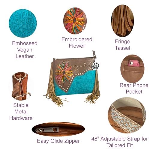 Western Fringe Crossbody Purse Women Vegan Leather Boho Bag Cowgirl Shoulder Handbag Embroidered Flower3