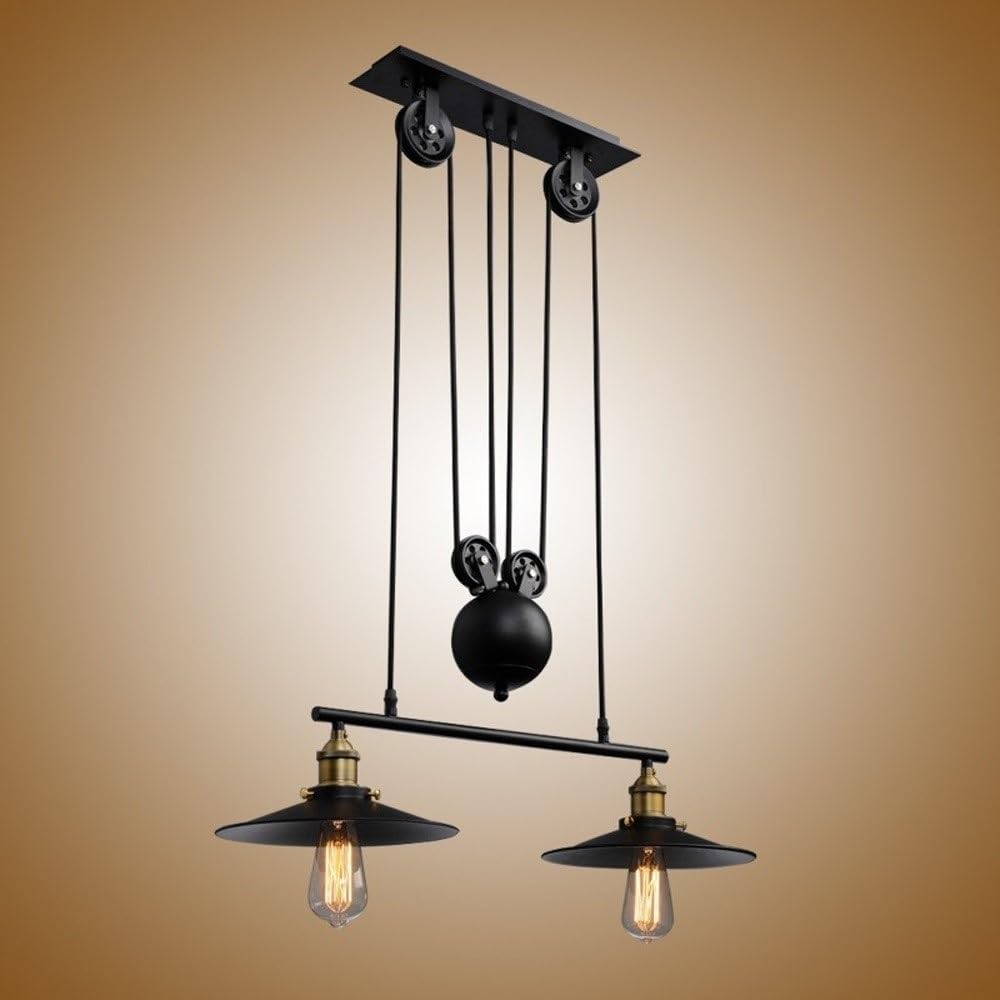 BLOOHK Industrial 3-Light Pulley Pendant Light, Adjustable Retro Iron Chandelier Black Lifting Hanging Lamp for Dining Room, Restaurant(Double Head)