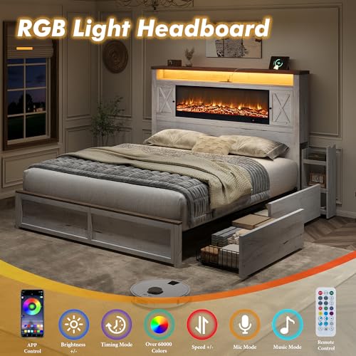 Image of AMERLIFE Queen Bed Frame with Fireplace, Farmhouse Storage Platform Bed with 57 inch Headboard, Barn Door Cabinets, 4 Drawers & 2 Bedside Racks, RGB LED & Charging Station, Distressed White