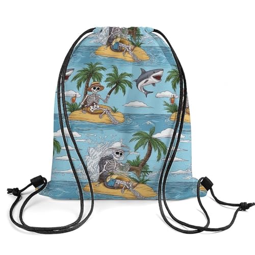 Breathable Drawstring Backpack, Sea Beach Skeleton Palm Tree Shark Unisex Fashion Waterproof Large Capacity Draw String Bag, Reusable Sackpack with Sturdy Cord for Daily Use2