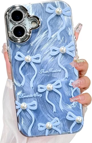 Image of VONZEE Compatible with iPhone 17 6.3'' Case Luxury Pink Girly Cute 3D Bow Pearl Glitter Bling Case with Full Camera Protection Shockproof PC+TPU Glossy Shiny Cover for Girls Women, Blue