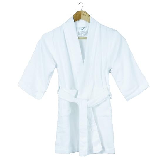 TRIDENT Curious Mind Robe, 300 GSM, Kids Bathrobe 100% Cotton Long Kimono Bathrobe, for kids of up to 4 ft 10 inch height, Dressing Gown, Bathrobe for Girls, Boy (White, M)