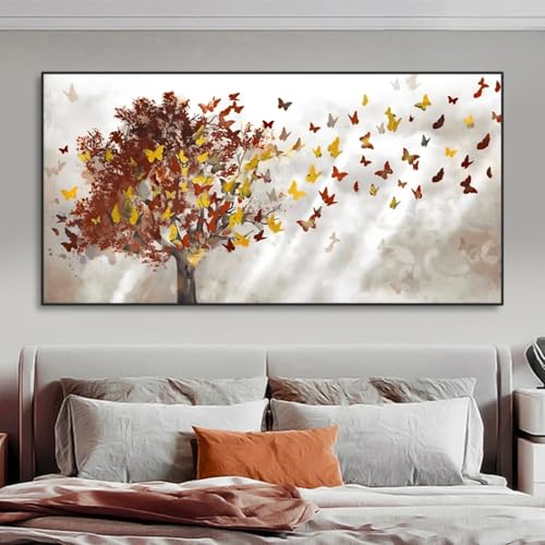 Peinture abstraite arbres rouges et papillons pour une ambiance poétique au salon