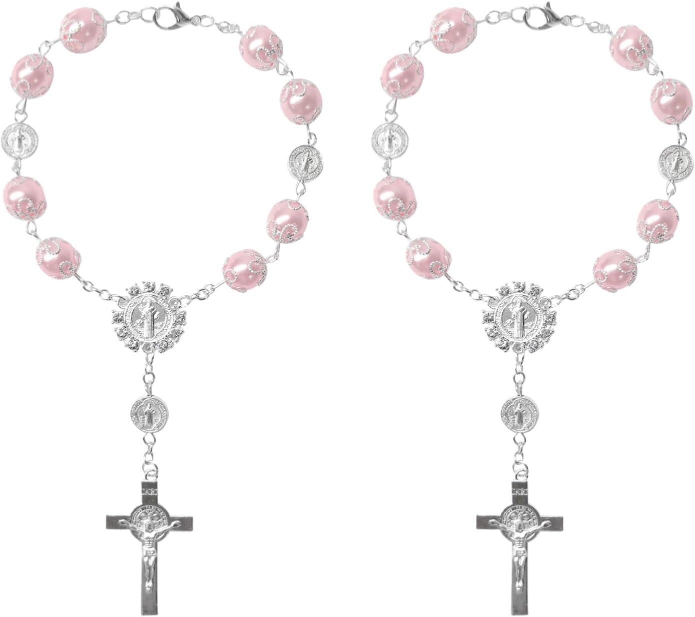 2 PCS Car Rosary for Rearview Mirror, Personalized Cross Blessing Auto Rearview Mirror Rosary Pendant, Universal Car Rear View Mirror Rosary Hanging Decor Accessories for Woman Men (Pink)