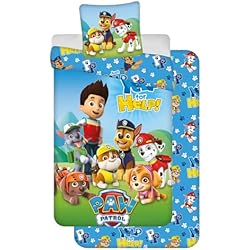 Funda Nordica Paw Patrol Juego de cama de 3 piezas, diseño de patrulla, 100% algodón, funda nórdica de 140 x 200 cm + funda de almohada de 65 x 65 cm + sábana bajera 90 x 200 cm, azul