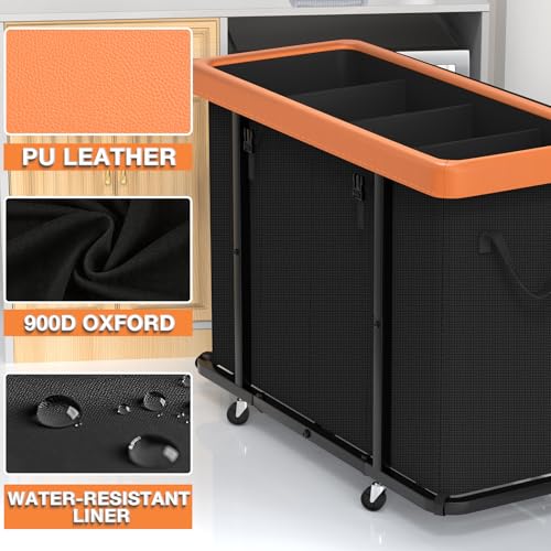 Image of 300L Large Fashion Laundry Basket with Wheels, Leather Patchwork Rolling Hamper Carts, Sturdy Metal Frame, Removable Washable Bag, Tall Clothes Sorter for Bedroom (Black, 4 Section-300L)