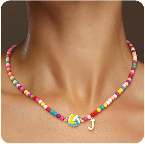 Softball/Soccer/Volleyball/Basketball/Football Necklace Colorful Beaded Initial Necklace Gifts for Women,Sport Accessories Letter Pendant Birthday Gifts for Players Fan Coach Team