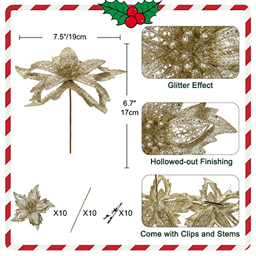 Briful 7.5'' Christmas Poinsettia Flowers 10Pcs Champagne Glitter Artificial Flowers Large Christmas Ornament Flowers For Xmas Tree Wreath Garland Decoration #TOP1