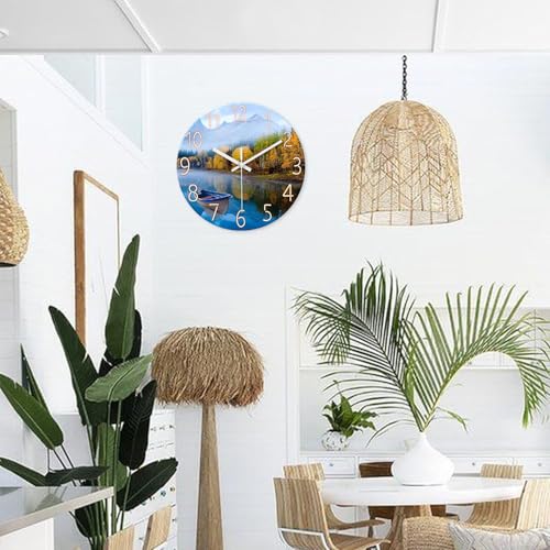 Image of XFM Natural Landscape Wall Clock 14 Inch Lake Boat | Silent Non-Ticking Battery Operated Modern Glass Nature Decorative for Living Room Kitchen Bedroom Office