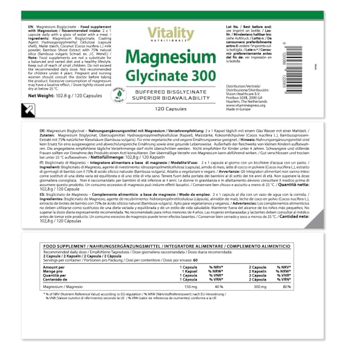 Magnesium Glycinat Hochdosiert, Kapseln mit 300 mg Bisglycinat pro Tagesdosis (120 Stk) Muskeln, Knochen Nahrungsergänzung Vitality Nutritionals by VitaminExpress