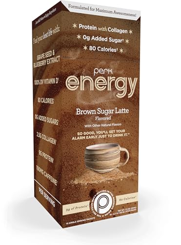 Image of Perk Energy Drink Mix (Brown Sugar Latte) 10 Stick Packs, Gluten-Free | Caffeinated Healthy Coffee Alternative with Protein, 100mg of Caffeine, Peanut-Free