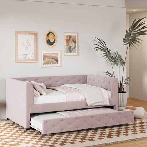 Pink Velvet Upholstered Daybed with Trundle and Storage for Living Room or Bedroom