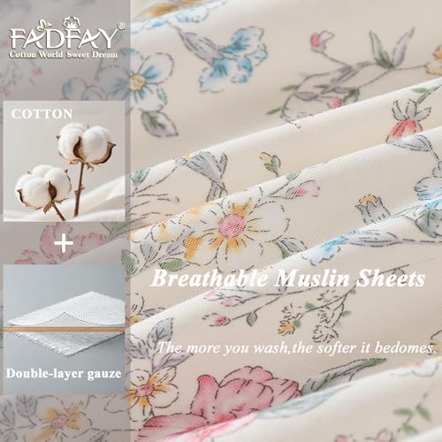Image of FADFAY Full Muslin Cotton Multicolor Floral Sheet Set, Soft Breathable Lightweight Sheets for Dorm, Kids Room or Guest Bed with Fitted Sheet, Flat Sheet & Pillowcases