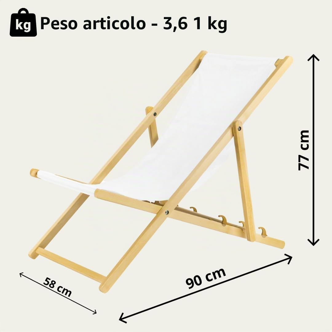 BAS Sedia a sdraio pieghevole in legno, colore bianco, pieghevole, pieghevole, pieghevole, per giardino, spiaggia e balcone, con rivestimento in tessuto traspirante, tessuto misto
