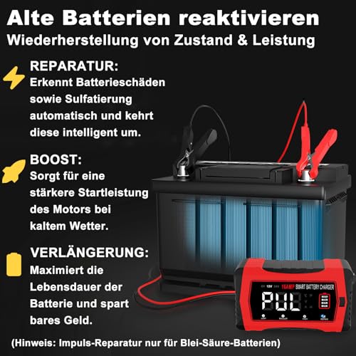 HTRC 16A Autobatterie Ladegerät, 6V/12V/24V Batterie Ladegerät für Auto LKW Motorrad Rasenmäher Boot Marine Batterien, Lithium, LiFePO4, Blei-Säure Ladegerät für AGM, Gel, EFB usw