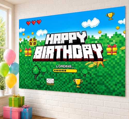 Image of Happy Birthday Banner Boy 5x3ft Birthday Sign Village Gaming Birthday Party Decorations Videogame Themed Banner Video Game Decorations Video Game Happy Birthday Backdrop for Boys