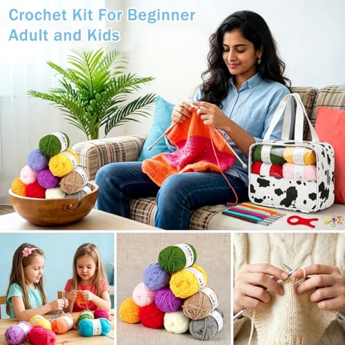 Image of HASTHIP DIY Crochet Kit for Beginners, Complete Crochet Starter Set with Yarn Hooks Needles Stitch Markers & Tools, Portable Storage Bag Craft Kit for Amigurumi Scarf Knitting DIY Projects