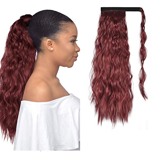 PEACOCO 20 Inch Long Corn Wavy Ponytail Extension for Women Synthetic Curly Wrap Around Ponytail Hairpiece Magic Paste Ponytail for Girls Lady (Bug)