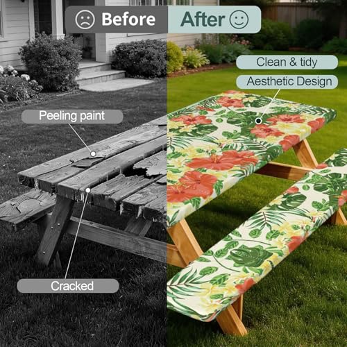 Mantel de mesa con fundas de banco diseño tropical y floral para comer al aire libre 3