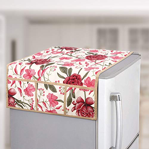 Image of Combo Set of 1 Pc Fridge Top Cover With 6 Utility Pockets and 3 Pc Fridge Mats (Red, Set of 4)