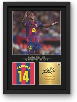 Win FC Marcus Rashford A4 Framed Photo Display - Reproduced Digital Signature - Gift For Barcelona Fans