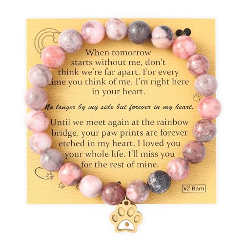Memorial Gifts for Loss of Pet’s Mom Pet Keepsake Dog Cat Paw Charm Natural Stone Bracelet Remembrance Gift for Women