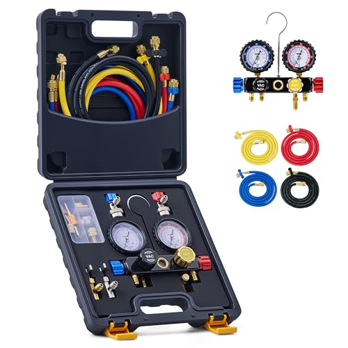 Orion Motor Tech 4 Way AC Gauge Set for R410a R22 R134a Refrigerant, 4 Valve Automotive AC Manifold with 5ft Hoses, R410a Adapters, Can Tap