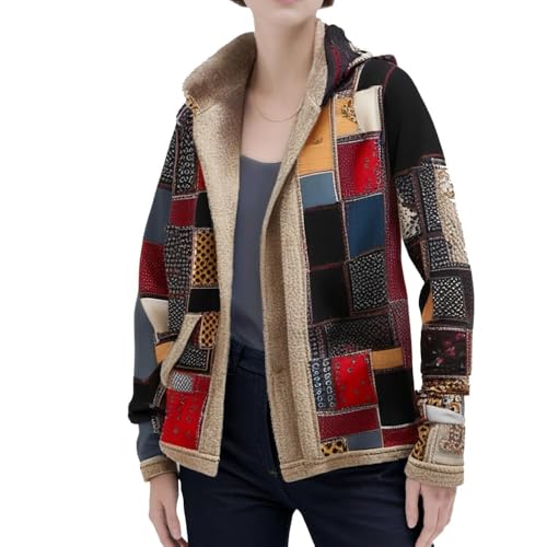 Women's Winter Ethnic Style Patchwork Sherpa Fleece Lined Hooded Jacket Plus Size Fluffy Patchwork Jackets For Women2