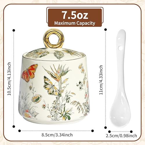Ceramic Sugar Bowl with Lid and Spoon with Floral Pattern, Gold Trim - 7.5oz Elegant Sugar Jar with Lid and Spoon, Nordic Style for Kitchen, Dining, Cafe, Gift Idea (B) - Image 3