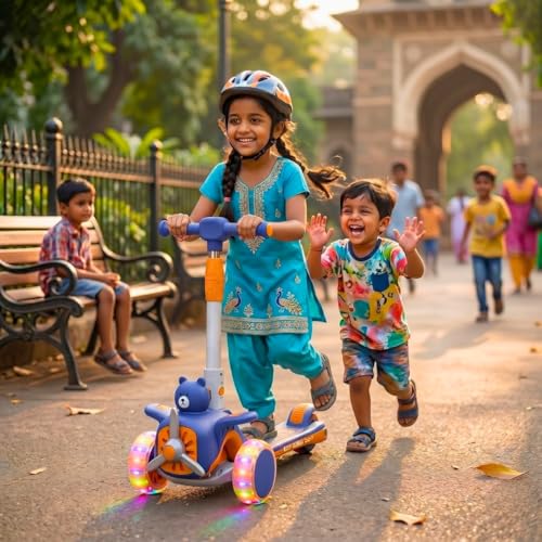 Image of 2-in-1 Multi Mode Kick Scooter for 3-10 Years Old Kids | 3-Level Height Adjustable Handlebar | Music & PU LED Flashing Wheels | Foldable and Lightweight (KS-213 Blue /Orange)