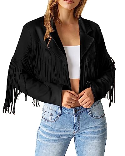 PRETTYGARDEN Women's Fringe Faux Suede Leather Jackets Fall Fashion 2025 Tassel Motorcycle Cropped Coats2