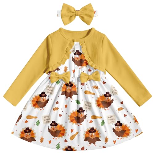 Toddler Girl Dresses 1-5T Faux Two-Piece Bowknot Cardigan Dress with Hairband