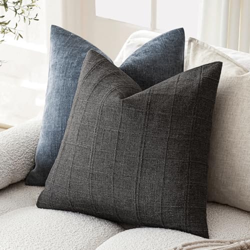 Image of Foindtower Set of 1 Decorative Linen Check Throw Pillow Cover Neutral Farmhouse Vintage Cushion Cover Modern Boho Home Decor for Sofa Chair Couch Bedroom Living Room,26x26 Inch,Charcoal