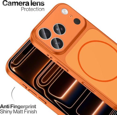 Image of DIZORO Magnetic Case for iPhone 17 Pro Case [Compatible with MagSafe][Built-in Camera Lens Protector] Slim Soft Silicone Bumper Shockproof Metallic Luster Back Cover Phone Case (Orange)