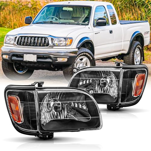 Headlights Assembly Pair for 2001 2002 2003 2004 Toyota Tacoma Pickup Truck Headlamps Head Lights Replacement with Corner Parking Turn Signal Lights Lamps Assembly,Black Housing Amber Reflector