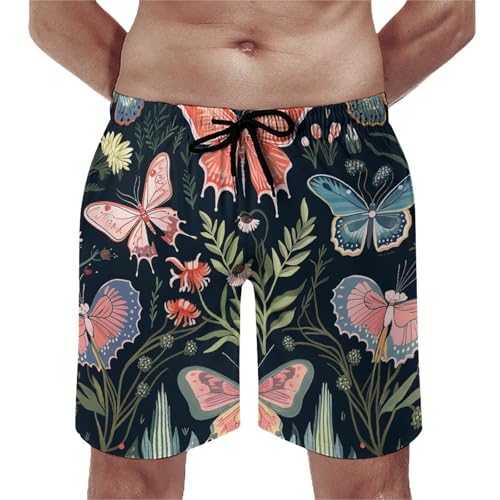 Men's Swim Trunks Quick Dry Board Shorts with Pockets Beach Shorts Butterfly Botanical Print Bathing Suits for Men