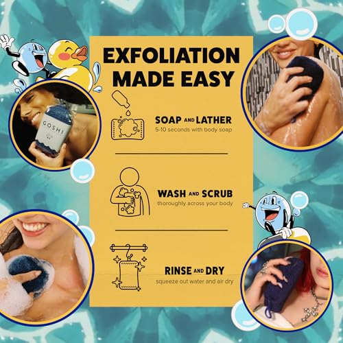 Image of GOSHI Exfoliating Shower Sponge - Rip-Resistant, Rapid-Drying Exfoliating Bath Sponge for All Skin Types - Indigo Blue - Made in Japan