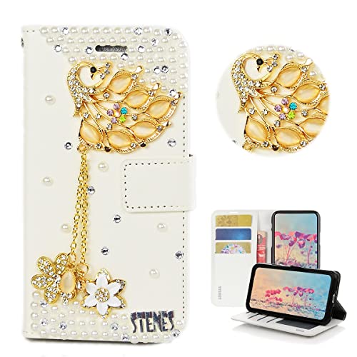 STENES Bling Wallet Phone Case Compatible with Samsung Galaxy A21s Case - Stylish - 3D Handmade Luxury Peacock Pendant Flowers Magnetic Wallet Stand Leather Cover Case - Gold