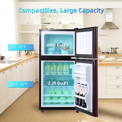 Image of Dorm Fridge with Freezer, Small Refrigerator 3.45 Cu. Ft. with Freezer for Apartment, 7-Level Temperature Adjustable Apartment Size Fridge for Kichen, College, Office, Wood
