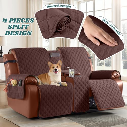 Image of Ruaozz Waterproof Loveseat Recliner Cover with Console Non-Slip Reclining Couch Covers Split Sofa Slipcovers with Elastic Straps Furniture Protector for Kids, Dogs, Pets (Coffee, 2 Seater)