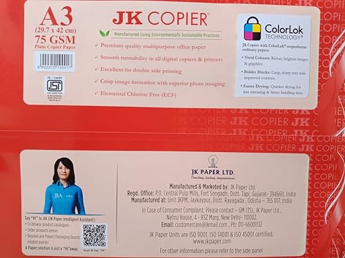 Image of J k A3 Red copier Multipurpose white paper, 75 GSM, 500 sheets each, 1 Ream