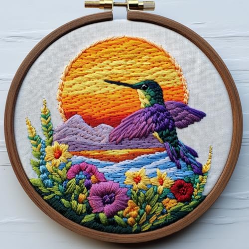DIY Punch Needle Kits for Beginners Hummingbird and Sunset Flowers with Hoop Embroidery Punch Needle Starter Set Easy for Adults and Kids Festival Gift and Decor 20x20cm-3