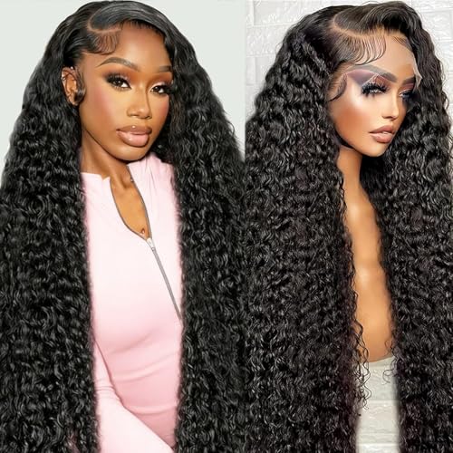 GYAJEP 34 Inch 13x6 Lace Front Wigs Human Hair 200 Density Water Wave Human Hair Wig Pre Plucked Curly Wig for Black Women Deep Wave Lace Front Wig