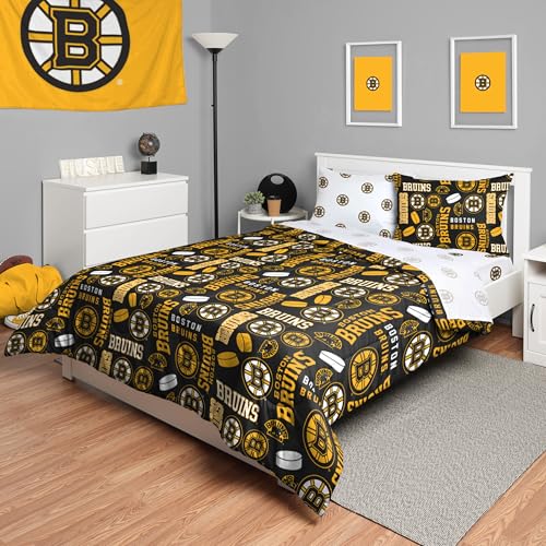FOCO Boston Bruins NHL Team Color Bed in a Bag Comforter Bedding 5 Piece Set - Full