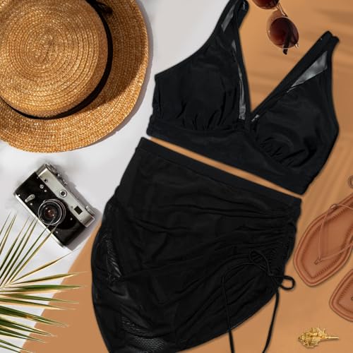 High Waisted Bikini Set Tummy Control Bikini Sets for Women, Push Up Bikinis 3 Piece Swimsuit, Adjustable Swimming Costumes for Grils Womens Beach Water Sport Black - Image 7