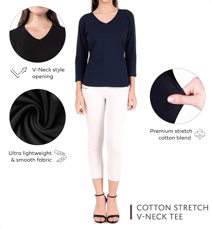 Image of Women's 3 /4 Sleeves Regular Fit V-Neck Cotton T-Shirt