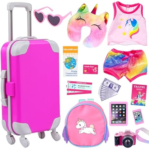 ZITA ELEMENT 24 Pcs 18 Inch Girl Doll Accessories Suitcase Luggage Travel Set Including 18 Inch Doll Clothes Luggage Pillow Blindfold Sunglasses Camera Computer Cell Phone Ipad and Other Stuff Cover