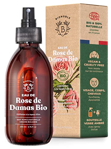 Bionoble Eau de Rose Bio 200ml - Hydrolat de Rose de Damas 100% Pur et Naturel - Visage, Contour des Yeux, Corps, Cheveux - Rose Water - Bouteille en Verre + Spray Cover