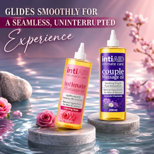 Image of Couple & Intimate Massage Oil Pack of 2 with Sensual Bliss of Lavender & Chamomile. Ideal for Couples Date Nights & Soothing Massage Experience. Non-Sticky Texture - 200ml Each